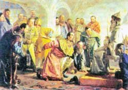 Обвиненного в измене боярина Федорова-Челяднина Иван Грозный заставил надеть царские одежды и сесть на трон. Сам же поклонился ему, после чего ударил ножом